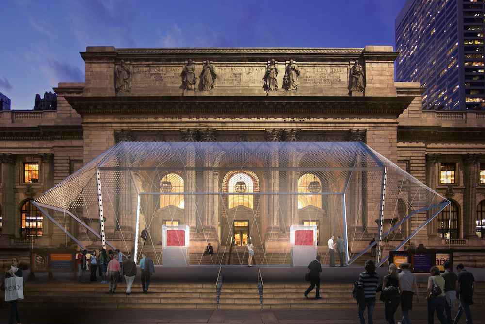 Visualisation of Our Blood housed in its Norman Foster-designed pavilion outside the New York Public Library. Courtesy of Marc Quinn studio and The Norman Foster Foundation